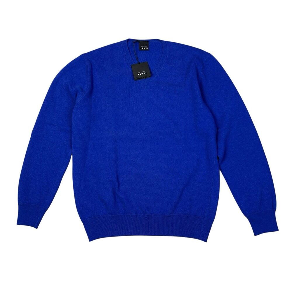 Andrea Fenzi Wool Sweater Mens Size IT 52 US Large Royal Blue Italian V-neck NWT
